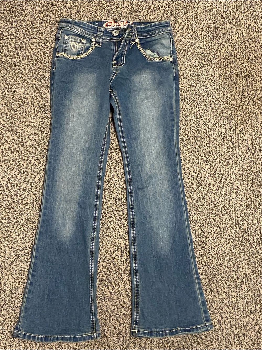 Cowgirl Hardware Girls' 7 Medium Blue Flare Jeans with Embroidered Pockets